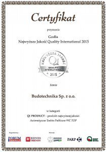 Certfikat Srebrne Godło Najwyższa Jakość Quality International 2015 w kategorii  QI Product dla Budotechnika Sp. z o.o.
